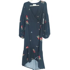 Womens XS Floral Midi Wrap Satin‎ Dress Black Floral Romantic Fairy Whimsigoth